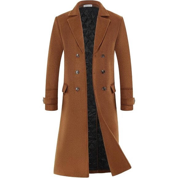 Men's Camel Luxury Full Length Trench Coat Long Wool Overcoat Winter Windbreaker - Picture 1 of 7